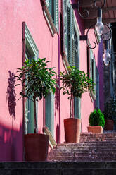 A staircase with large decorative plant pots outside a traditional house with a vivid wall color and wooden shutters in Nafplion, Peloponnese, Greece, Europe - RHPLF27146