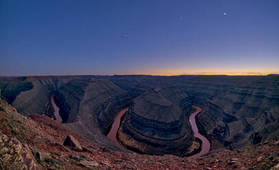 The meanders of the San Juan River viewed at twlight from the overlook in Goosenecks State Park near Mexican Hat, Utah, United States of America, North America - RHPLF27148