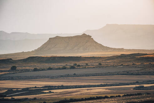 The badlands of Bardenas Reales desert mountains at sunrise, Navarre, Spain, Europe - RHPLF27179