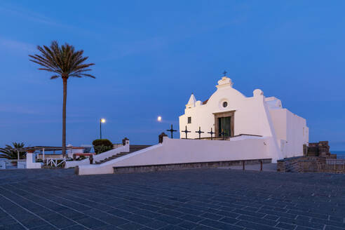 Chiesa del Soccorso at dawn with Full Moon, Forio, Island of Ischia, Campania, Italy, Europe - RHPLF27220