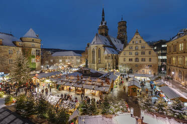 Christmas market on Schillerplatz square in front of Stiftskirche church, Stuttgart, Baden-Wurttemberg, Germany, Europe - RHPLF27272