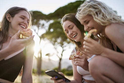 Happy woman using smart phone by friends having pizza in park - ANNF00365