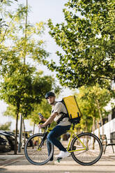 Zusteller mit Smartphone und Tasche auf dem Fahrrad sitzend - DAMF01218