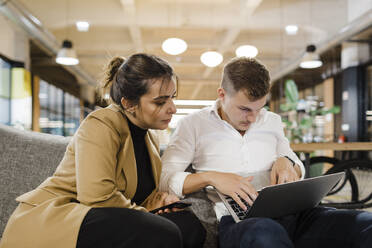 Konzentrierte Geschäftskollegen bei der Arbeit am Laptop im Büro - DCRF01801