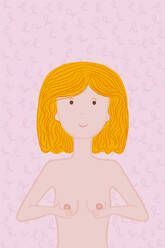 Blonde Frau, die ihre Brüste vor einem rosa Hintergrund untersucht - MSMF00091
