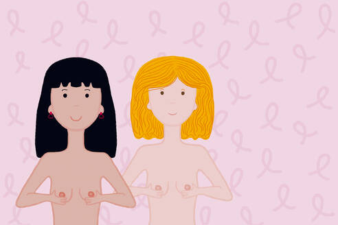 Frauen untersuchen Brüste gegen rosa Schleife Muster Hintergrund - MSMF00094