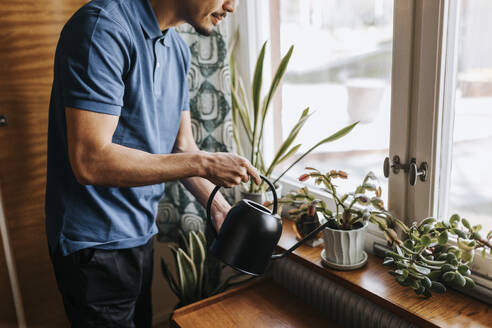 Midsection of male caregiver watering plants on window sill at home - MASF37610