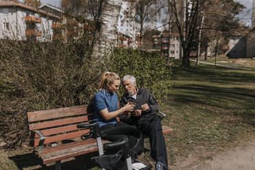 Weibliche Pflegekraft gibt einem älteren Mann, der auf einer Bank im Park sitzt, Obst - MASF37631