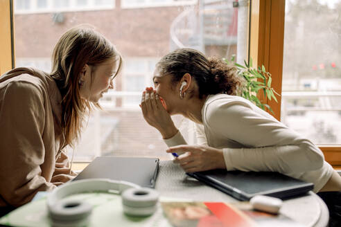 Side view of teenage female student gossiping with friend sitting in high school - MASF37725