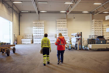 Rear view of multiracial female colleagues walking in distribution warehouse - MASF38197