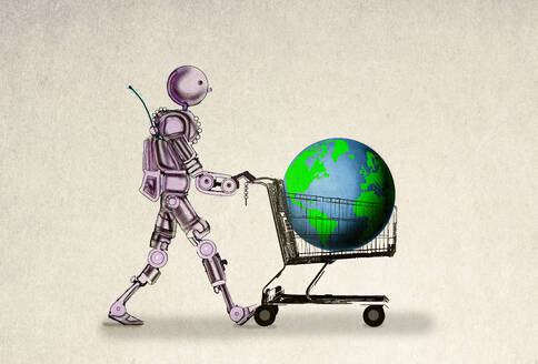 Roboter schiebt Supermarktwagen, der den Planeten Erde enthält - GWAF00290