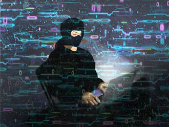 Illustration eines maskierten Hackers mit Laptop - GWAF00291