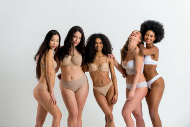 Multi-ethnic group of beautiful women posing in underwear in a beauty studio - Multicultural fashion models showing their beautiful bodies as they are, concepts about beauty, acceptance and diversity - DMDF03245