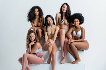 Multi-ethnic group of beautiful women posing in underwear in a beauty studio - Multicultural fashion models showing their beautiful bodies as they are, concepts about beauty, acceptance and diversity - DMDF03260