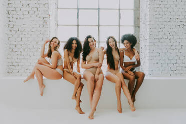 Multi-ethnic group of beautiful women posing in underwear in a beauty  studio - Multicultural fashion models showing their beautiful bodies as  they are, concepts about beauty, acceptance and diversity stock photo