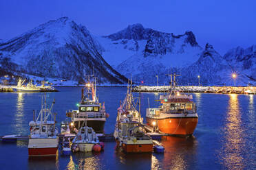 Norwegen, Troms og Finnmark, Husoy, Langzeitbelichtung eines abgelegenen Fischerdorfes während der Polarnacht - ANSF00474