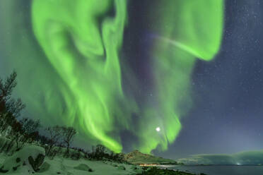 Norway, Troms og Finnmark, Green northern lights over Grotfjord - ANSF00543