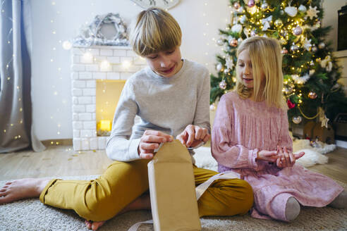 Junge öffnet Weihnachtsgeschenk von Schwester im Wohnzimmer - NJAF00582