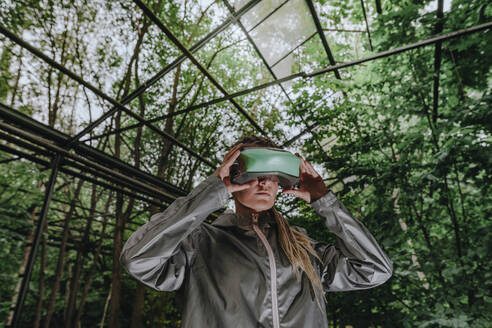 Woman watching through VR headset in greenhouse - YTF01107