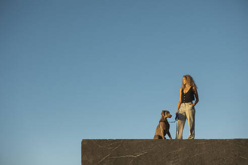 Young woman standing with dog on wall - MTBF01281