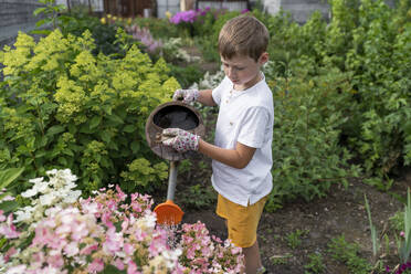 Junge gießt Blumen mit Gießkanne im Garten - VBUF00372