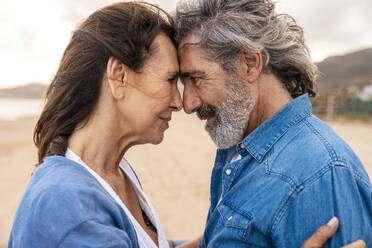 Senior couple touching foreheads at beach on weekend - OIPF03398