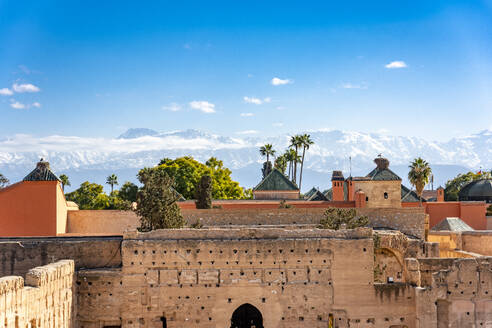 Morocco, Marrakesh-Safi, Marrakesh, Walls of El Badi Palace with mountains in background - EGBF00882