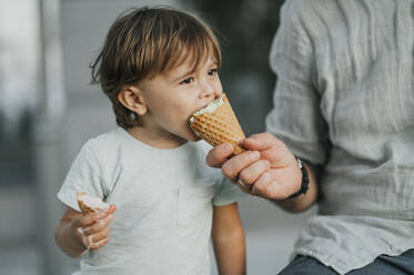 Vater füttert seinen Sohn mit einer Eiswaffel - ANAF02047