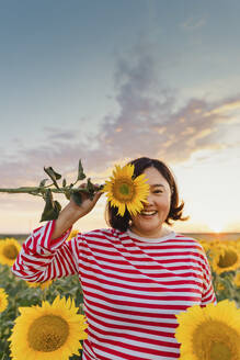 Glückliche Frau, die ihre Augen mit einer frischen Sonnenblume in der Blüte bedeckt - IEF00523