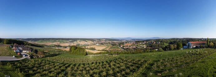 Österreich, Steiermark, Bad Waltersdorf, Drohnenpanorama einer ländlichen Stadt im Sommer mit Obstgarten im Vordergrund - WWF06264