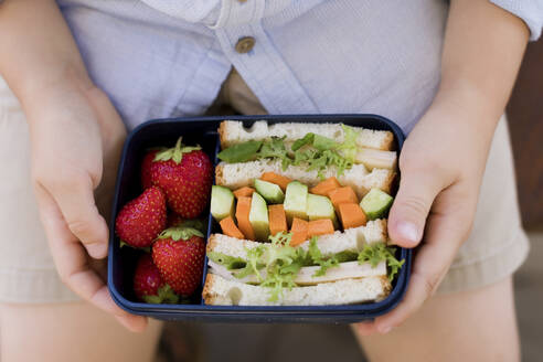 Junge hält Brotdose mit Sandwiches und Erdbeeren - ONAF00629