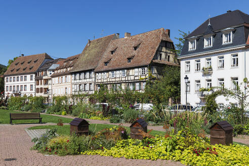 Frankreich, Grand Est, Wissembourg, Park am Quai Anselmann mit historischen Häusern im Hintergrund - GWF07906