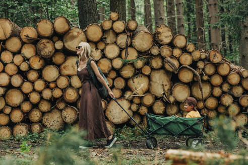 Mother pulling son in cart by wood logs in forest - VSNF01384