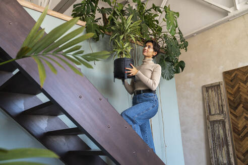 Lächelnde Frau, die eine Pflanze hält und sich auf einer Treppe vor einer Wand nach oben bewegt - VPIF08561