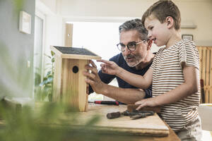 Grandfather teaching grandson to make birdhouse in living room - UUF29988