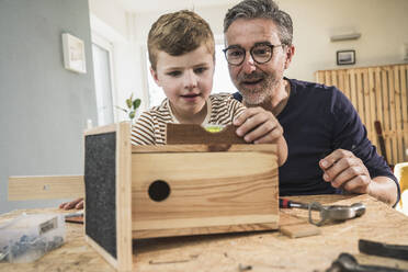 Junge baut Vogelhaus mit Großvater im Wohnzimmer - UUF29992