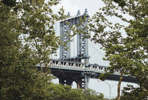 USA, New York State, New York City, Manhattan Bridge mit Bäumen im Vordergrund - MMPF00860