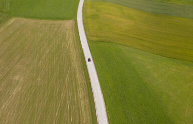 Österreich, Oberösterreich, Drone view of car driving along country road stretching between fields - WWF06301