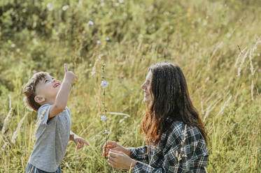Lächelnde Mutter und Sohn spielen mit Blumen auf einem Feld - ANAF02079