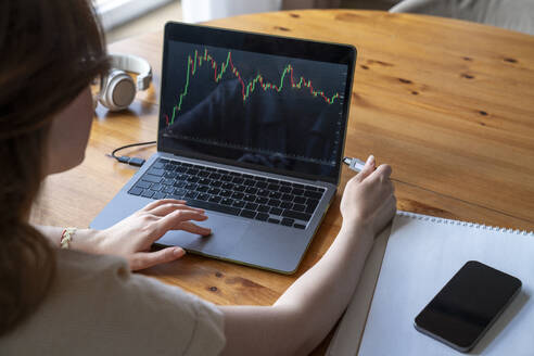 Businesswoman analyzing investment trading data on laptop at home - VPIF08672