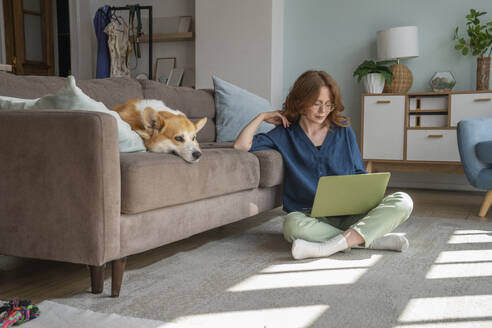 Freiberufler, der an einem Laptop arbeitet und neben einem Hund im Wohnzimmer sitzt - VPIF08679