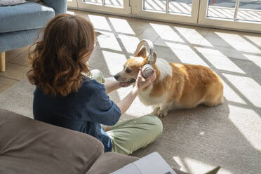 Young woman wearing wireless headphones to pet dog - VPIF08684