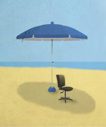 Illustration of empty office chair under beach umbrella - GWAF00304