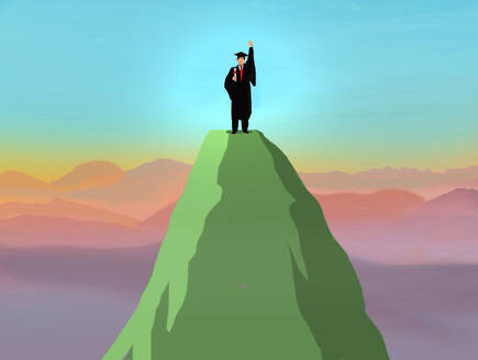 Illustration eines Hochschulabsolventen, der von einem Berggipfel bei nebligem Morgengrauen winkt - GWAF00310