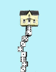 Illustration eines Hauses, das auf einem wackeligen Würfelstapel balanciert - GWAF00311