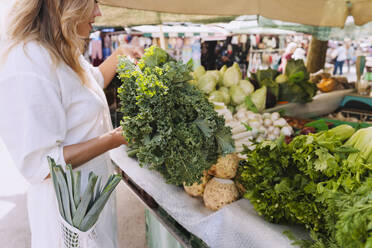 Woman buying fresh organic vegetables in farmer's market - NDEF00997