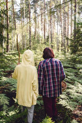 Boy with grandmother walking in forest - EYAF02773