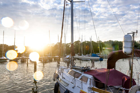 Deutschland, Mecklenburg-Vorpommern, Krummin, Boot im Yachthafen mit untergehender Sonne im Hintergrund - EGBF00893