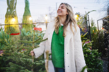 Besinnliche Frau neben Weihnachtsbaum auf dem Markt - MDOF01463