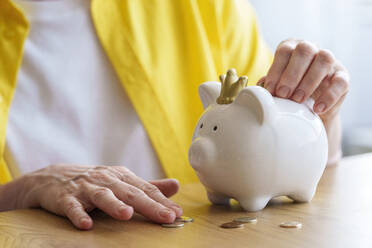 Hands of senior woman saving money in piggy bank - AAZF01024